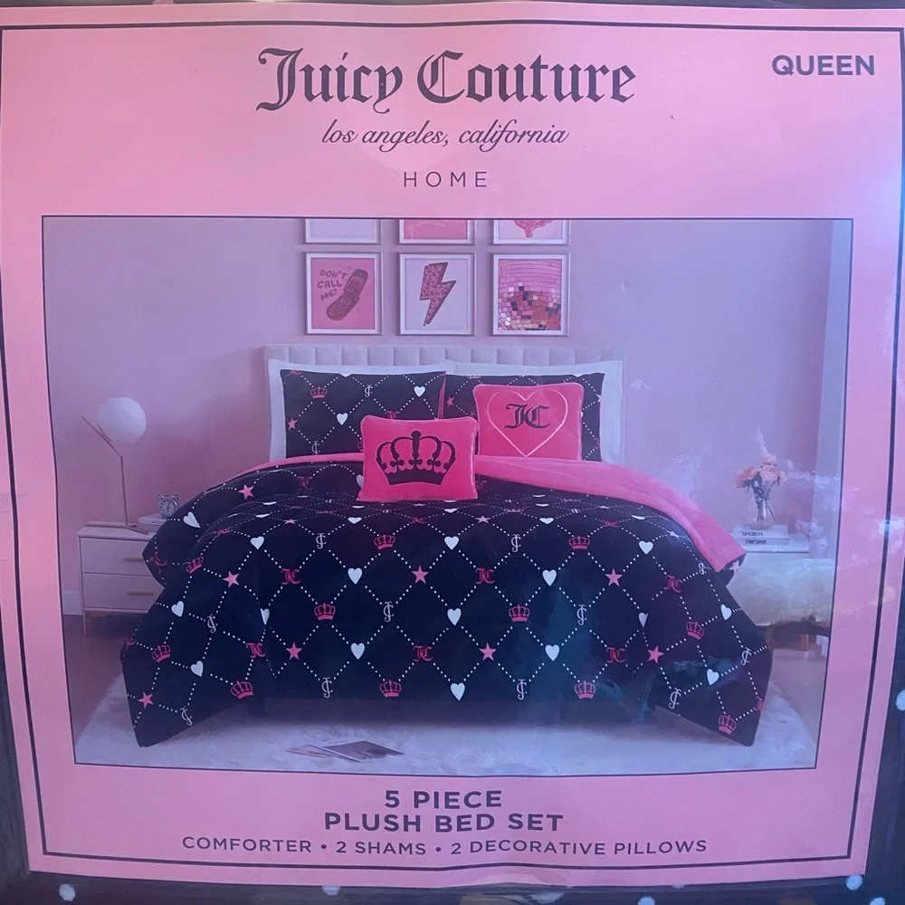 Juicy Couture Plush Black and Pink JC Crown Logo Bed Set - QUEEN / 5 Piece Set
